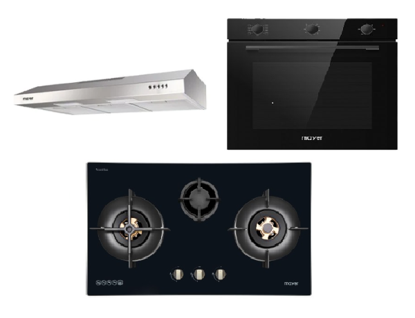 Mayer MMGH7731HI 76cm 3 Burner Glass Gas Hob + MMSL901SM 90 Cm Slimline Hood + MMDO8R 60 cm Built-in Oven with Smoke Ventilation