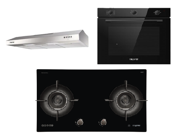 Mayer MMGH892HE 86cm 2 Burner Gas Hob + MMSL901SM 90 Cm Slimline Hood + MMDO8R 60 cm Built-in Oven with Smoke Ventilation