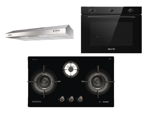 Mayer MMGH793HE 76cm 3 Burner Gas Hob + MMSL901SM 90 Cm Slimline Hood + MMDO8R 60 cm Built-in Oven with Smoke Ventilation