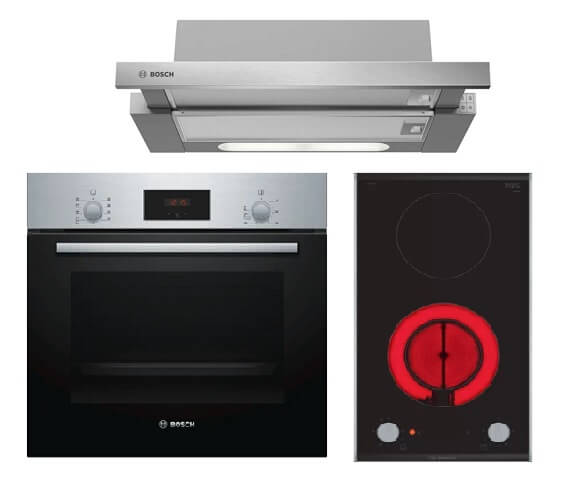 Bosch DHI623GSG 60 cm Built-In Stainless Steel Slimline Hood+PKF375CA2E Domino electric Induction hob 30 cm Black, surface mount with frame+HBF114BR0K 60cm Built-in Stainless Steel Oven