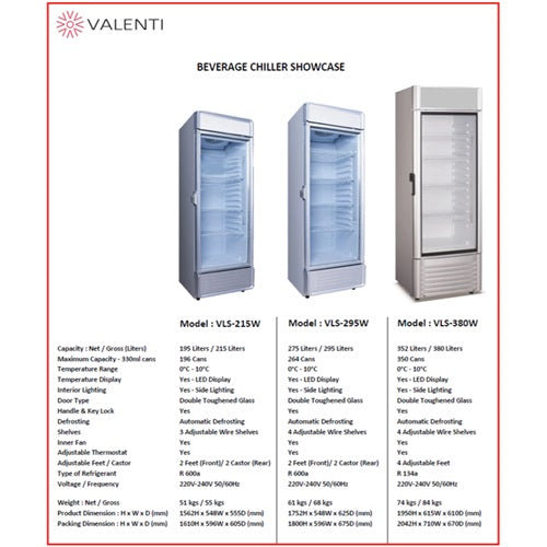 Valenti VLS-215W/VLS-295W/VLS-380W 195/275/352L Beverage Chiller Showcase