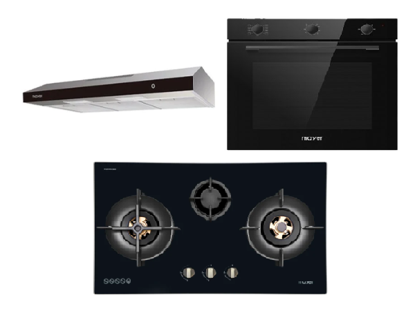 Mayer MMGH8831HI 86cm 3 Burner Glass Gas Hob + MMSL902BE  90cm Slimline Hood + MMDO8R 60 cm Built-in Oven with Smoke Ventilation