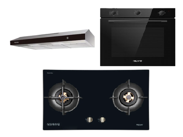 Mayer MMGH8821HI 86cm 2 Burner Glass Gas Hob + MMSL902BE  90cm Slimline Hood + MMDO8R 60 cm Built-in Oven with Smoke Ventilation