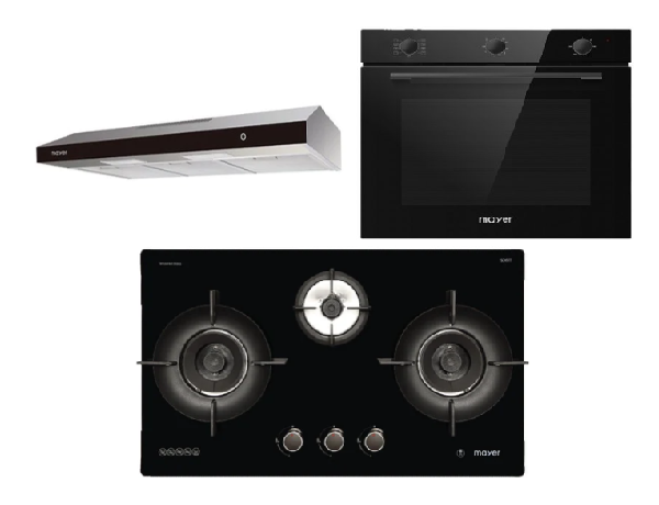 Mayer MMGH793HE 76cm 3 Burner Gas Hob + MMSL902BE  90cm Slimline Hood + MMDO8R 60 cm Built-in Oven with Smoke Ventilation