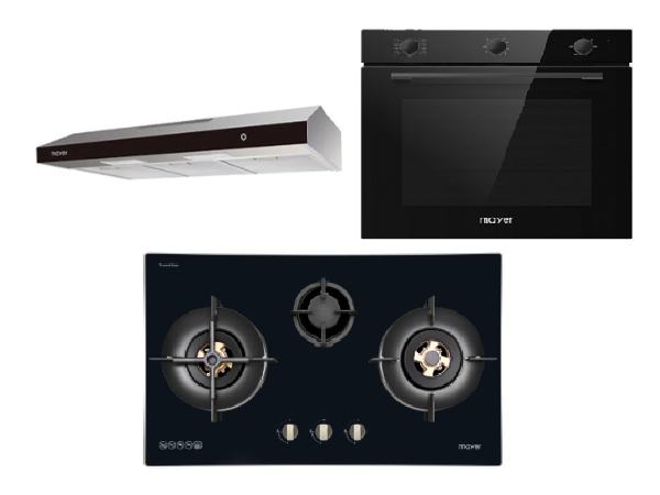 Mayer MMGH7731HI 76cm 3 Burner Glass Gas Hob + MMSL902BE  90cm Slimline Hood + MMDO8R 60 cm Built-in Oven with Smoke Ventilation