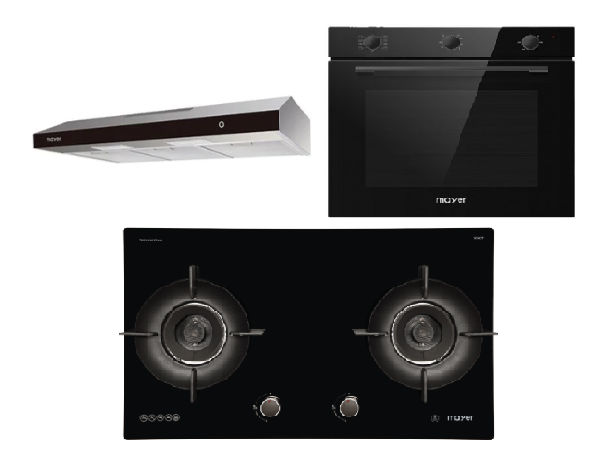 Mayer MMGH792HE 76cm 2 Burner Glass Gas Hob + MMSL902BE  90cm Slimline Hood + MMDO8R 60 cm Built-in Oven with Smoke Ventilation