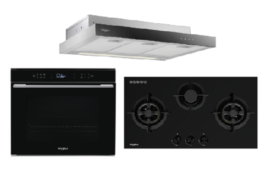 Whirlpool’s W7OM44S1PBLAUS 60cm 6TH SENSE Pyrolytic Oven + Whirlpool’s GWG7830TS 78cm 3-Burners Gas Hob (Town Gas)  + Whirlpool’s WCO9FTS 90cm Compact Hood