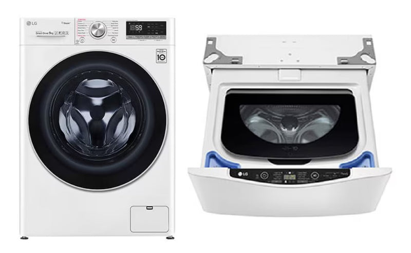 LG FV1409S3W AI Direct Drive Front Load Washing Machine 9KG + LG TV2425NTWW Top Load Mini Washer 2.5kg Blue
