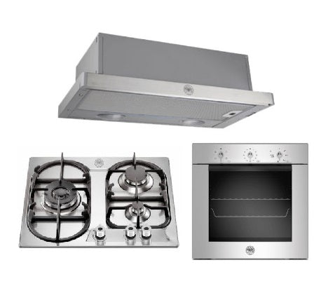 Bertazzoni P6501PROXE 60 cm 3 Aluminium Burners, Dual Wok Hob + F605MODEKXS 5 Function Oven + K60TELXA Telescopic Hood