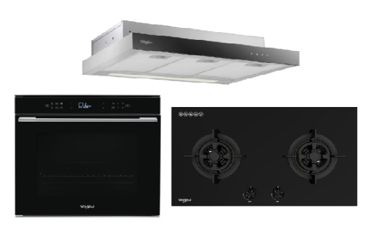 Whirlpool’s W7OM44S1PBLAUS 60cm 6TH SENSE Pyrolytic Oven + Whirlpool’s GWG7820LS 78cm 2-Burners Gas Hob (LPG)  + Whirlpool’s WCO9FTS 90cm Compact Hood