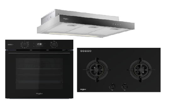 Whirlpool’s W4OMSK58RU1SBA 60cm W COLLECTION Multifunction Oven with Gentle Steam Function + Whirlpool’s GWG7820LS 78cm 2-Burners Gas Hob (LPG) + Whirlpool’s WCO9FTS 90cm Compact Hood