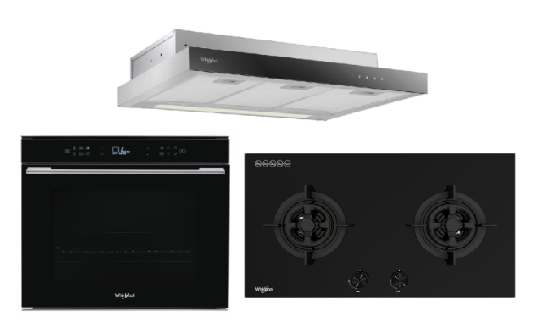 Whirlpool’s W7OM44S1PBLAUS 60cm 6TH SENSE Pyrolytic Oven + Whirlpool’s GWG7820TS 78cm 2-Burners Gas Hob (Town Gas)  + Whirlpool’s WCO9FTS 90cm Compact Hood