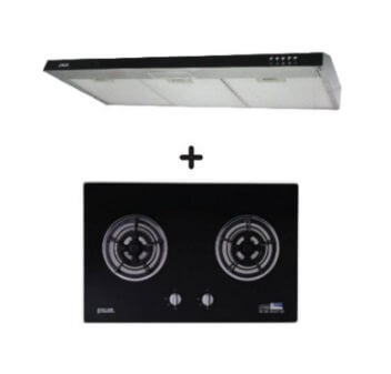 Ellane 60cm/90cm Slimline Hood With Black Panel EH-9180 + Ellane WG-2SV 80cm 2 Burner Glass Gas