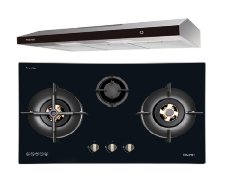 Mayer MMGH7731HI 76cm 3 Burner Glass Gas Hob + MMSL902BE  90cm Slimline Hood