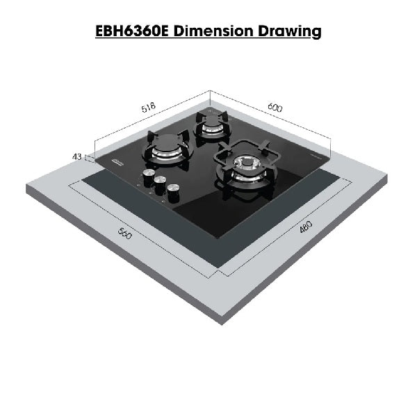EuropAce EBH6360ETG 60cm Built-In Glass Gas Hob (3 burner)
