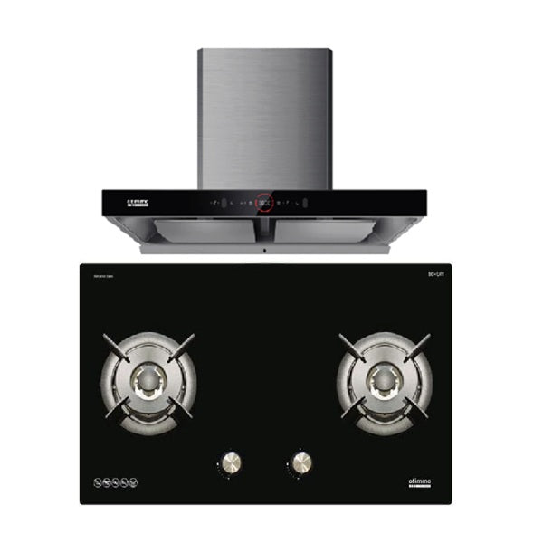 EuropAce ECH9208EBK 90cm 2000m3/h T-Shaped Chimney Hood + Europace EBH6291S LPG/TG 2 Burner 90cm Gas Cooker Hob (Schott Glass)