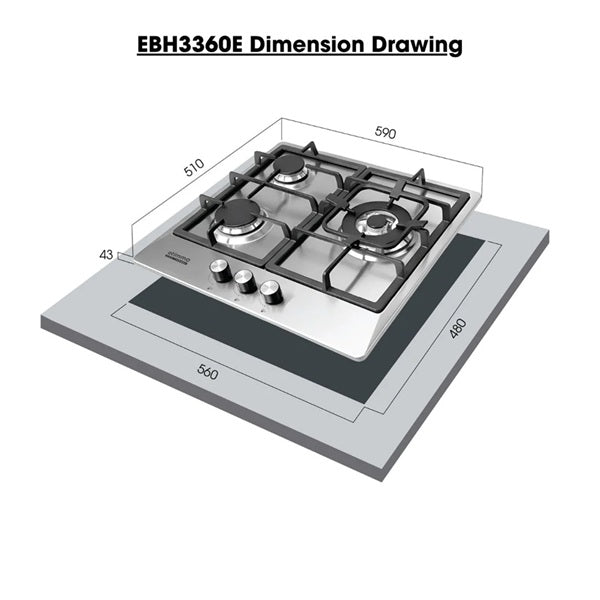 EuropAce EBH3360ETG 60cm Built-In Stainless Steel Gas Hob (3burner)