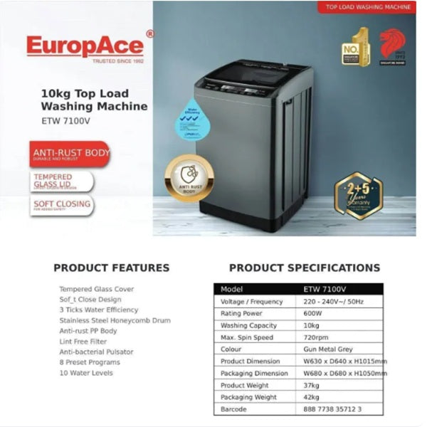 EuropAce ETW7100VGM 10kg Top Load Washing Machine