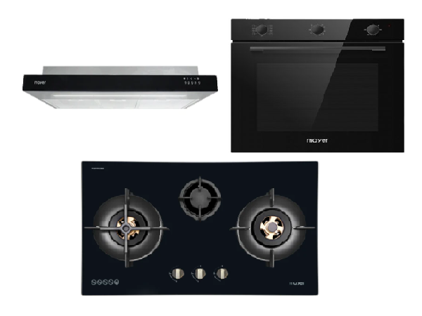 Mayer MMGH8831HI 86cm 3 Burner Glass Gas Hob + MMSI900LEDHS 90cm Semi-integrated Slimline Hood + MMDO8R 60 cm Built-in Oven with Smoke Ventilation