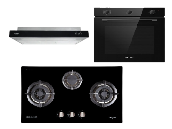Mayer MMGH773/SS773 Built-In Gas Hob 3 Burners + MMSI900LEDHS 90cm Semi-integrated Slimline Hood + MMDO8R 60 cm Built-in Oven with Smoke Ventilation