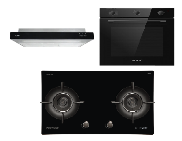 Mayer MMGH892HE 86cm 2 Burner Gas Hob + MMSI900LEDHS 90cm Semi-integrated Slimline Hood + MMDO8R 60 cm Built-in Oven with Smoke Ventilation