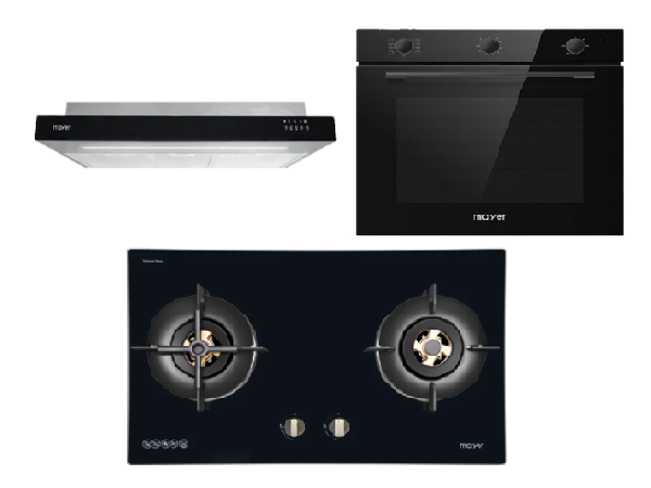 Mayer MMGH8821HI 86cm 2 Burner Glass Gas Hob + MMSI900LEDHS 90cm Semi-integrated Slimline Hood + MMDO8R 60 cm Built-in Oven with Smoke Ventilation