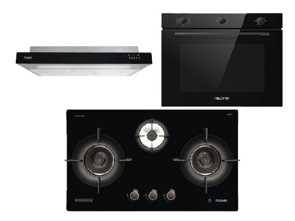 Mayer MMGH793HE 76cm 3 Burner Gas Hob + MMSI900LEDHS 90cm Semi-integrated Slimline Hood + MMDO8R 60 cm Built-in Oven with Smoke Ventilation