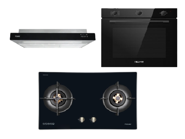 Mayer MMGH7721HI 76cm 2 Burner Glass Gas Hob + MMSI900LEDHS 90cm Semi-integrated Slimline Hood + MMDO8R 60 cm Built-in Oven with Smoke Ventilation