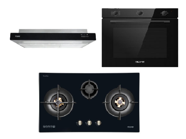 Mayer MMGH7731HI 76cm 3 Burner Glass Gas Hob + MMSI900LEDHS 90cm Semi-integrated Slimline Hood + MMDO8R 60 cm Built-in Oven with Smoke Ventilation