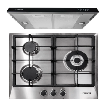 Mayer MMGH/SS633 60cm 3 Burner Glass Gas Hob + MMSI600HS 60 Cm Semi-integrated Slimline Hood