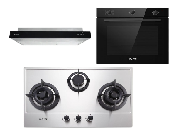 Mayer MMGH773/SS773 Built-In Gas Hob 3 Burners + MMSI900LEDHS 90cm Semi-integrated Slimline Hood + MMDO8R 60 cm Built-in Oven with Smoke Ventilation