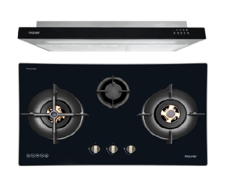 Mayer MMGH7731HI 76cm 3 Burner Glass Gas Hob + MMSI900LEDHS 90cm Semi-integrated Slimline Hood