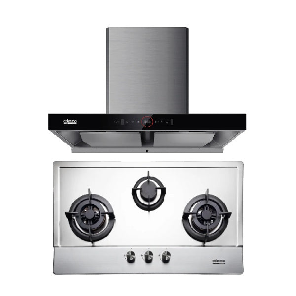 EuropAce ECH9208EBK 90cm 2000m3/h T-Shaped Chimney Hood + EBH3391U LPG/TG Otimmo 3 Burner 90cm Slim Built-in Gas Hob Cooker
