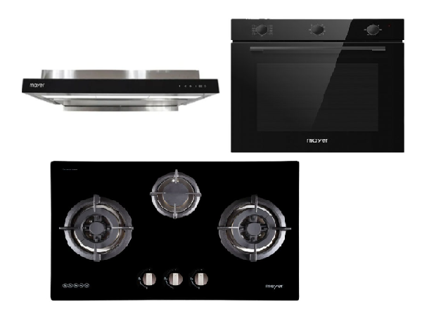 Mayer MMGH773/SS773 Built-In Gas Hob 3 Burners + MMSI903OT Cm Semi-integrated Hood With Oil Tray + MMDO8R 60 cm Built-in Oven with Smoke Ventilation