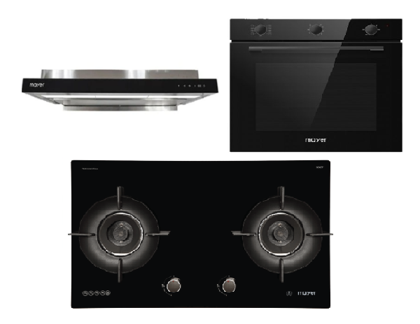 Mayer MMGH892HE 86cm 2 Burner Gas Hob + MMSI903OT Cm Semi-integrated Hood With Oil Tray + MMDO8R 60 cm Built-in Oven with Smoke Ventilation
