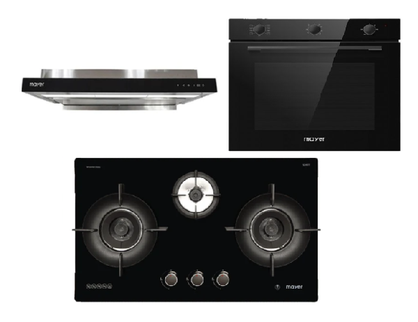 Mayer MMGH793HE 76cm 3 Burner Gas Hob + MMSI903OT Cm Semi-integrated Hood With Oil Tray + MMDO8R 60 cm Built-in Oven with Smoke Ventilation