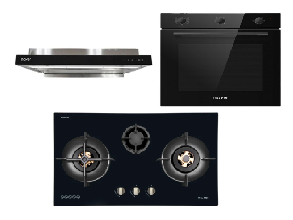 Mayer MMGH8831HI 86cm 3 Burner Glass Gas Hob + MMSI903OT Cm Semi-integrated Hood With Oil Tray + MMDO8R 60 cm Built-in Oven with Smoke Ventilation