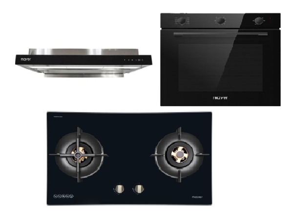 Mayer MMIH752CS 75cm 2 Zone Induction Hob with Slider + MMSI903OT Cm Semi-integrated Hood With Oil Tray + MMDO8R 60 cm Built-in Oven with Smoke Ventilation - Lion City Company