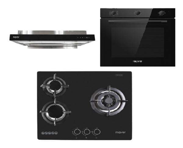 Mayer MMGH/SS633 60cm 3 Burner Glass Gas Hob + MMSI903OT Cm Semi-integrated Hood With Oil Tray + MMDO8R 60 cm Built-in Oven with Smoke Ventilation