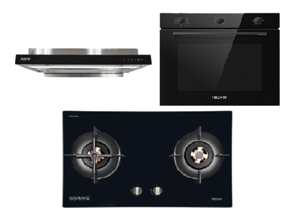 Mayer MMGH8821HI 86cm 2 Burner Glass Gas Hob + MMSI903OT Cm Semi-integrated Hood With Oil Tray + MMDO8R 60 cm Built-in Oven with Smoke Ventilation