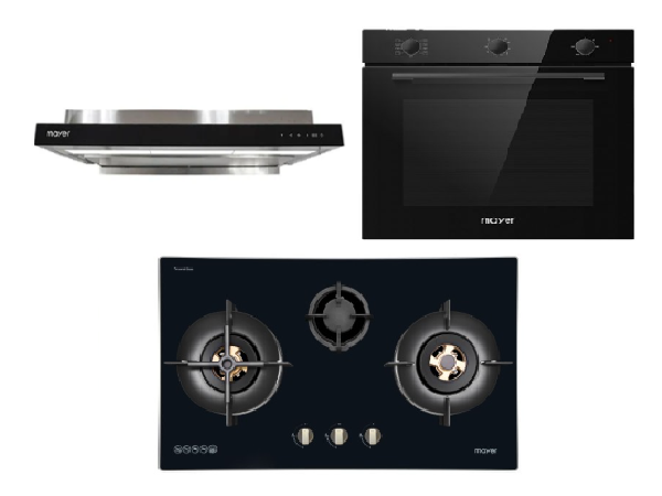 Mayer MMGH7731HI 76cm 3 Burner Glass Gas Hob + MMSI903OT Cm Semi-integrated Hood With Oil Tray + MMDO8R 60 cm Built-in Oven with Smoke Ventilation