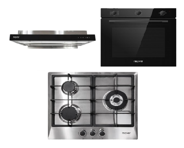 Mayer MMGH/SS633 60cm 3 Burner Glass Gas Hob + MMSI903OT Cm Semi-integrated Hood With Oil Tray + MMDO8R 60 cm Built-in Oven with Smoke Ventilation