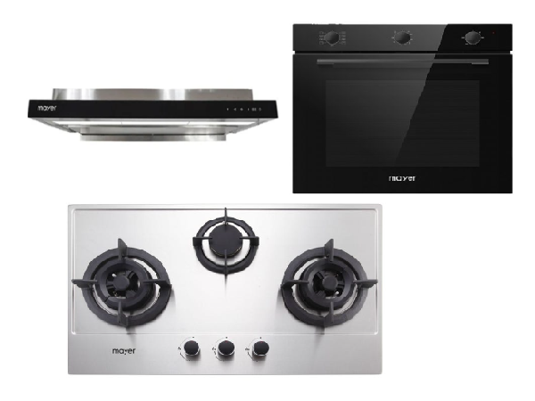 Mayer MMGH773/SS773 Built-In Gas Hob 3 Burners + MMSI903OT Cm Semi-integrated Hood With Oil Tray + MMDO8R 60 cm Built-in Oven with Smoke Ventilation