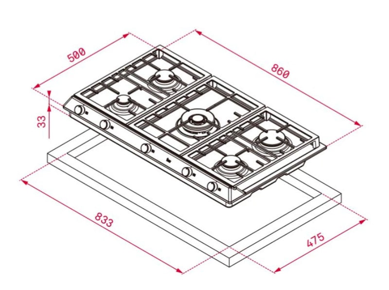 EX 90.1 5G AI AL DR CI Stainless Steel Gas Hob With Frontal Control Knobs of Butane and Natural Gas