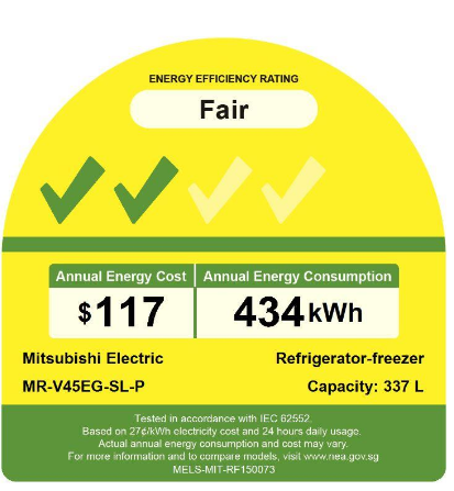 Mitsubishi MR-V45EG-SB-P/SL-P 337l 3-Door Fridge Top Freezer (2 Ticks)