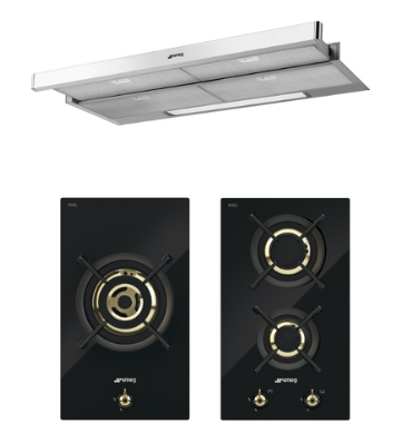 Smeg PC31GNO 30CM Black Glass Gas Hob + PC32GNO 30CM Black Glass Gas Hob + KSET9XE2 90cm Telescopic Hood