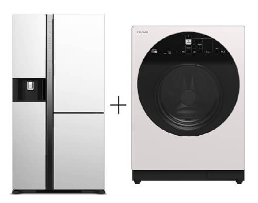 Hitachi R-MX700PMS0-MGW Side-by-side Refrigerator (569L) + Hitachi BD-D100GV Front Load Washer Dryer Wind Iron, AI Wash Inverter 10/7KG