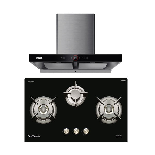 EuropAce ECH9208EBK 90cm 2000m3/h T-Shaped Chimney Hood + Europace EBH 6391S LPG/TG 3 Burner 90cm Gas Cooker Hob (Schott Glass)