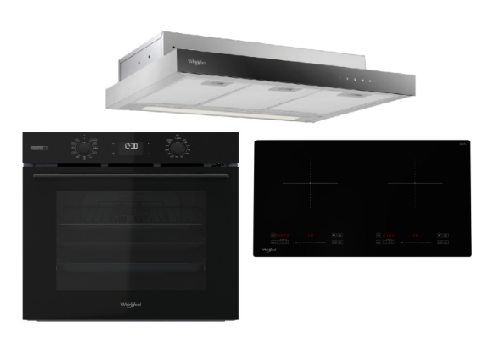 Whirlpool’s W4OMSK58RU1SBA 60cm W COLLECTION Multifunction Oven with Gentle Steam Function + Whirlpool’s IWHL7320SC 73cm 2 Zone Built-in Induction Hob + Whirlpool’s WCO9FTS 90cm Compact Hood