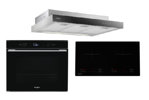 Whirlpool’s W7OM44S1PBLAUS 60cm 6TH SENSE Pyrolytic Oven + Whirlpool’s IWHL7320SC 73cm 2 Zone Built-in Induction Hob + Whirlpool’s WCO9FTS 90cm Compact Hood